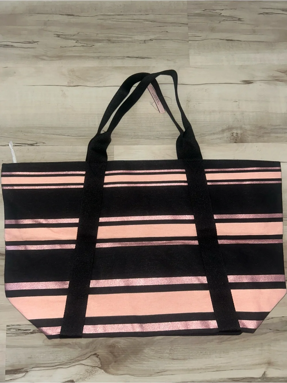 Victoria's Secret Black and Pink Striped Canvas Tote